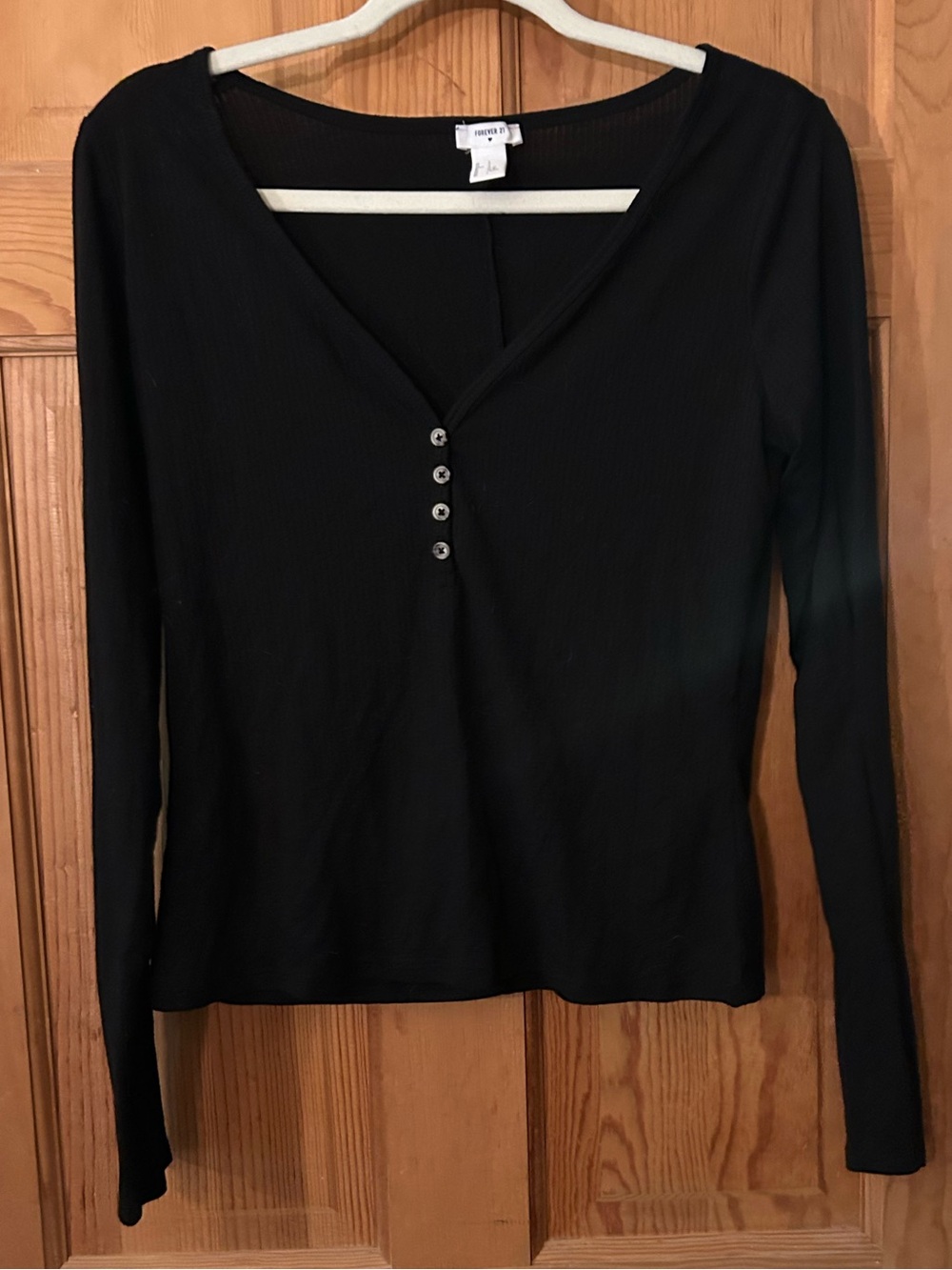 Forever 21 Black Long-Sleeve V-Neck Henley Top